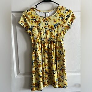 2/30 Emma & Elsa Girls Floral Print Short Sleeve Yellow Dress W/Pockets Sz 12